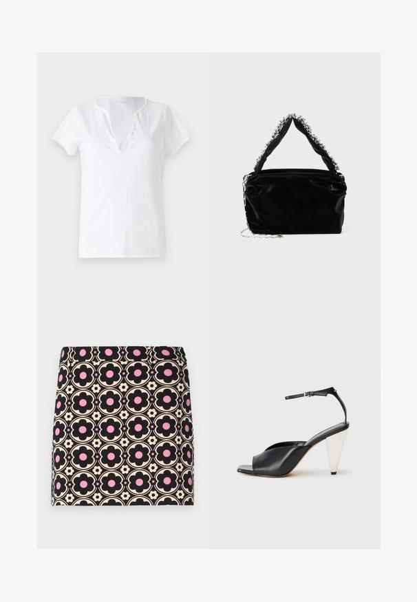 T-shirt bianco in cotone con maniche corte, vestibilità comoda, e scollatura a V con una pettorina decorativa con cinque bottoni.; Gonna mini nera con un motivo floreale ripetitivo in nero, rosa e crema. Tessuto morbido con un design aderente e cintura elastica.; Sandal con tacco alto in pelle nera, con punta aperta, design asimmetrico, cinturino alla caviglia e tacco metallico a forma di cono. Texture liscia.; Borsa a tracolla nera in ecopelle con finitura testurizzata, caratterizzata da un accento in argento con perline lungo il manico superiore e una tracolla a catena.
