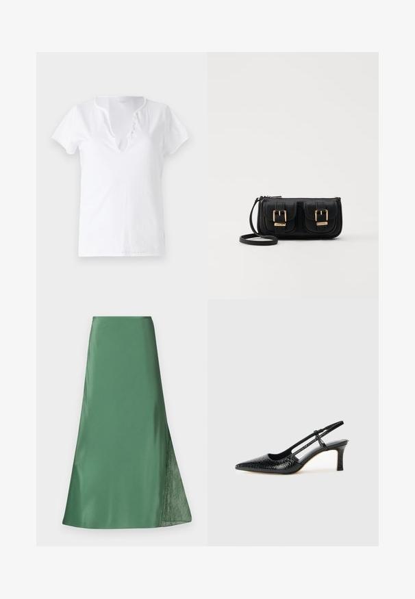 T-shirt en coton blanc à manches courtes, coupe décontractée et décolleté en V, avec un plastron orné de cinq boutons décoratifs.; Jupe en satin vert avec une silhouette A-line fluide, présentant un détail en dentelle transparente sur un côté pour ajouter de la texture et du contraste.; Escarpin slingback en vernis noir avec un bout pointu, présentant un imprimé serpent texturé, une sangle réglable et un petit talon bloc texturé.; Sac en cuir noir porté en travers avec deux poches avant, boucles dorées, fermeture zippée et une sangle fine. Surface texturée et forme rectangulaire compacte.