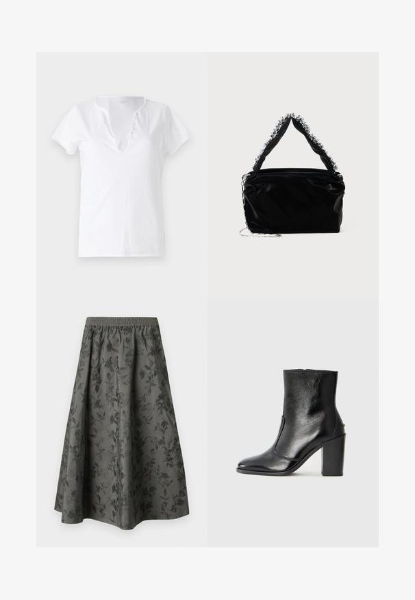Bela bombažna majica s kratkimi rokavi, sproščenega kroja in z V-izrezom, ki ima placket s petimi dekorativnimi gumbi.; Temno siva midi krila z elastičnim pasom, ki vsebuje odtisnjen cvetlični vzorec po celotni površini za dodano teksturo in vizualni interes.; Črne usnjene gležnarske čevlje z gladko teksturo, koničastim nosom in debelim visokim petam. Imajo stransko odprtino in minimalističen dizajn.; Črna torba iz umetnega usnja z teksturirano površino, ki ima bisernat srebrni okras vzdolž zgornjega ročaja in verižni pas.