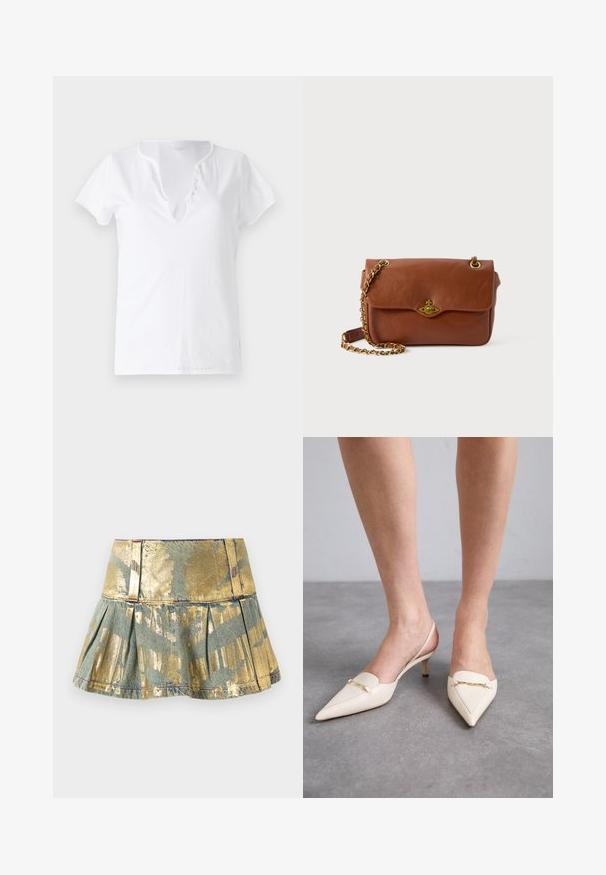 Balta medvilninė marškinėliai trumpomis rankovėmis, laisvai krentančio silueto, su V formos iškirpte, kuri turi penkis dekoratyvinius mygtukus.; Auksinė ir dramblio kaulo plisuota džinsinė sijonas su blizgiu paviršiumi, turintis prigludusį juosmenį ir kontrastingus siuvimo detales.; Kremo spalvos, smailėtų pirštų slingback aukštakulniai su plonu vidutinio aukščio kulnu, kurių priekyje yra auksinė grandinė ir švelni odos tekstūra.; Ruda odinė per petį nešama kuprinė su užsegimu ant sklendės, auksinės spalvos aksesuarais ir grandinėlės dirželiu. Lygus paviršius, stačiakampio forma, minimalus apipavidalinimas.