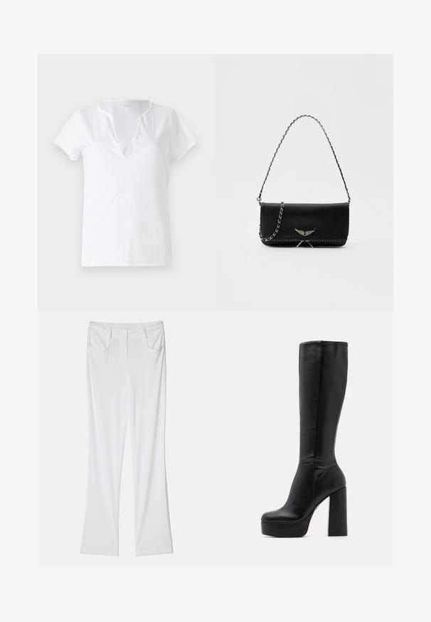 Tricou alb din bumbac, cu mâneci scurte, croială lejeră și decolteu în V, având o deschidere cu cinci butoane decorative.; Pantaloni albi evazați cu o textură de țesătură netedă, având două buzunare frontale și o talie cusută pentru un aspect ajustat.; Botine negre, până la genunchi, din piele netedă cu finisaj texturat, având un toc înalt și pătrat și un vârf rotunjit.; Geantă de mână din piele neagră cu un lanț din argint, având accente decorative în formă de aripi și cusături albe de-a lungul cusăturii de jos.