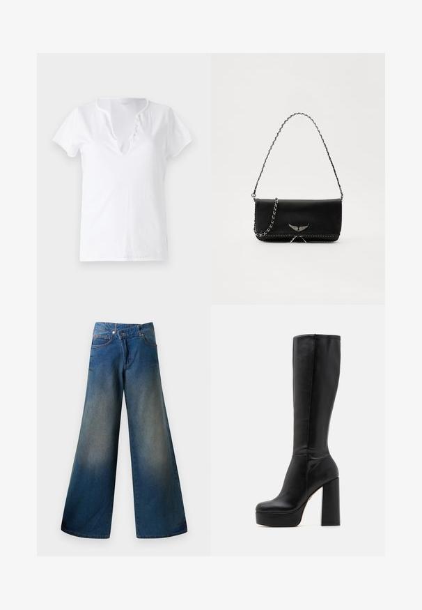 Witte katoenen t-shirt met korte mouwen, een losse pasvorm en een V-halslijn met een patte met vijf decoratieve knopen.; Wijdgevallen blauwe spijkerbroek van denim, met een licht vervaagde afwerking, zichtbare stiksels, twee voorkanten zakken en een knoopsluiting.; Zwarte kniehoge laarzen van glad leer met een gestructureerde afwerking, voorzien van een hoge blokhak en een ronde neus.; Zwarte leren handtas met een zilveren kettingband, voorzien van decoratieve vleugelaccenten en witte stiksels langs de onderste naad.