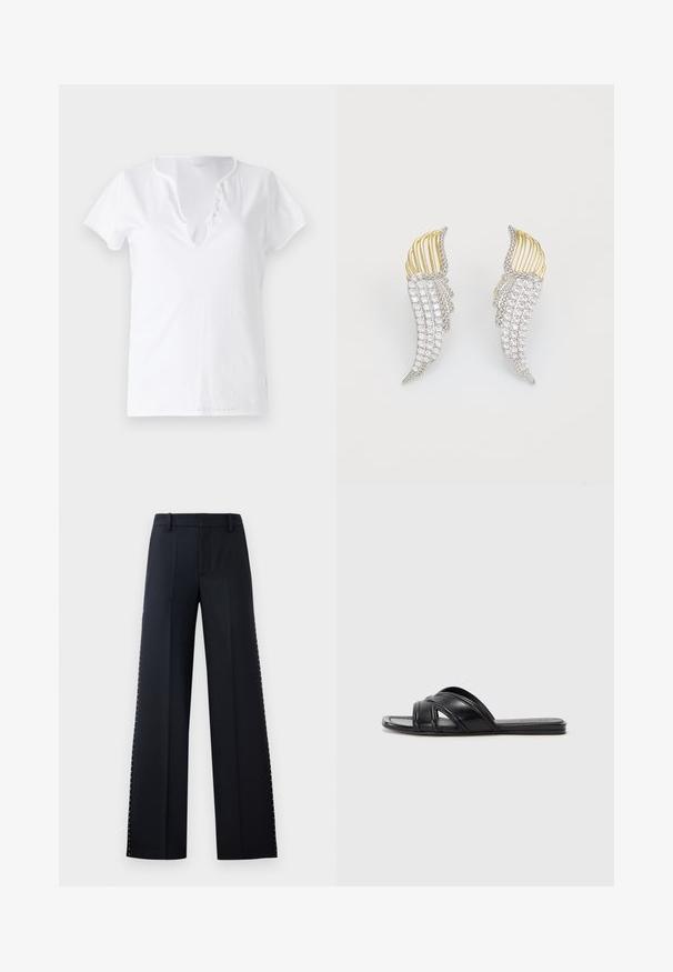 Fehér pamut póló rövid ujjakkal, laza szabással és V-nyakkivágással, öt díszgombbal ellátott gombolással.; Fekete, széles lábú nadrág. Kicsit karcsúsított szabás sima textúrával. Az oldalsó varrásnál fémgombok sorával díszítve.; Fekete slideszandál sima bőrfelülettel, keresztbe futó pántokkal és kivágott részletekkel, valamint lapos, hajlékony talppal.; Két szárnyformájú fülbevaló, ezüstszínű fémből, átlátszó, kerekre csiszolt strasszokkal és aranyszínű fémbetétekkel, rétegezett kialakítással.