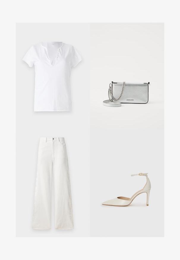 Fehér pamut póló rövid ujjakkal, laza szabással és V-nyakkivágással, öt díszgombbal ellátott gombolással.; Fehér, bő szárú farmernadrág oldalsó hímzett mintázattal és hagyományos, öt zsebes dizájnnal. Cipzáras záródással és gombbal.; Fehér bőr, magassarkú cipő hegyes orral, bokapánttal és vékony tűs sarkal. Simaszövet, finom fényes felülettel.; Ezüst bőr keresztpántos táska texturált felülettel, lánc- és pántdíszítéssel, valamint cipzáras záródással. Elöl logó található.