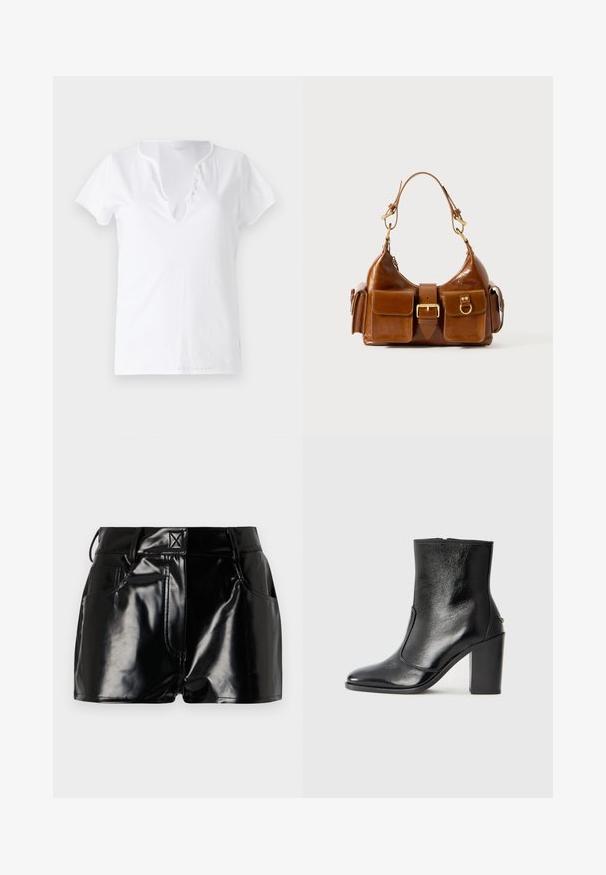 Vit bomullströja med korta ärmar, en avslappnad passform och V-halsringning med en knappslå med fem dekorativa knappar.; Svart, glänsande shorts i syntetmaterial. Har en åtsittande midja, bältesöggor och framfickor med framträdande sömnadsdetaljer.; Svart läderankelboot med en slät yta, spetsig tå och en kraftig hög klack. Har en sidöppning och ett minimalistiskt design.; Brun läderhandväska med en rundad form, dubbla detaljer i gyllene ton, två framfickor och ett brett band. Slät textur med en elegant finish.
