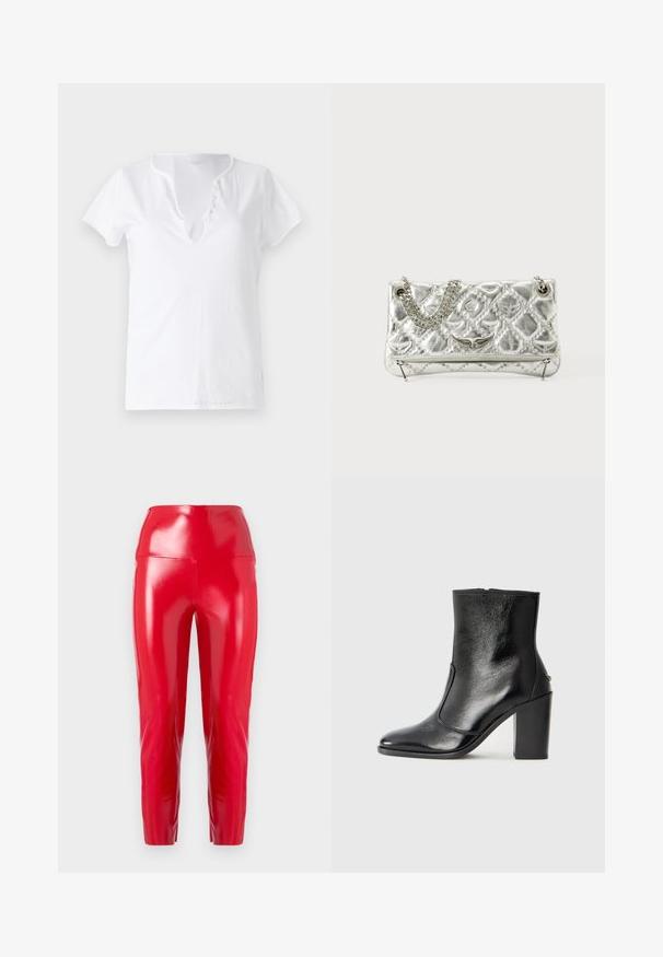 Balta medvilninė marškinėliai trumpomis rankovėmis, laisvai krentančio silueto, su V formos iškirpte, kuri turi penkis dekoratyvinius mygtukus.; Raudoni, aukšti džinsai pagaminti iš blizgaus, tampraus audinio. Turi siaurėjantį siluetą ir lygią, blizgią tekstūrą be matomų siūlių ar papuošimų.; Juodas odinis kulkšninis batas su lygiu paviršiumi, smailiu pirštu ir masyviu aukštu kulnu. Savybė - šoninis atidarymas ir minimalistiškas dizainas.; Sidabrinė metalinė rankinė su grandinėlės rankena, iškaltu paviršiumi, dekoratyvine siuvimo siūle ir užtrauktuku. Priekyje turi iškilmingus akcentus.