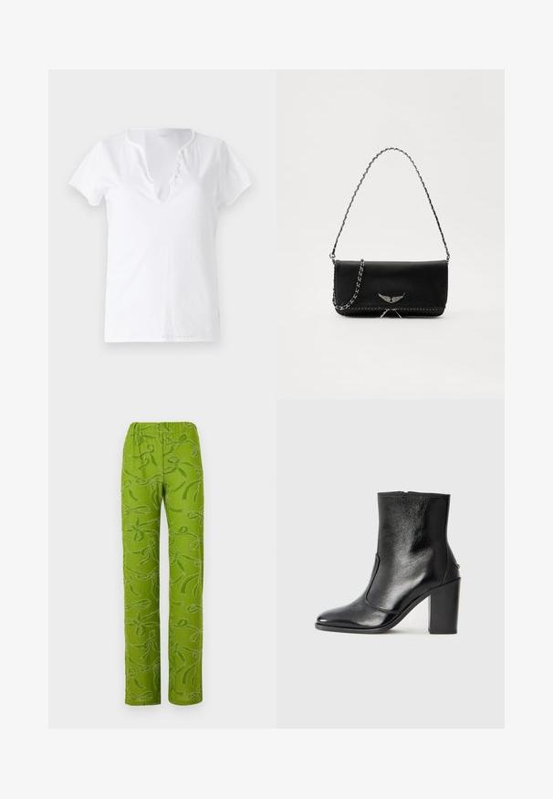 Bela bombažna majica s kratkimi rokavi, sproščenega kroja in z V-izrezom, ki ima placket s petimi dekorativnimi gumbi.; Stine Goya ELASTICATED STRAIGHT LONG PANTS - Hlače - green; Črne usnjene gležnarske čevlje z gladko teksturo, koničastim nosom in debelim visokim petam. Imajo stransko odprtino in minimalističen dizajn.; Črna usnjena torbica s srebrnim verižnim ročajem, ki ima okrasne krilate poudarke in belo šivanje ob spodnjem šivu.