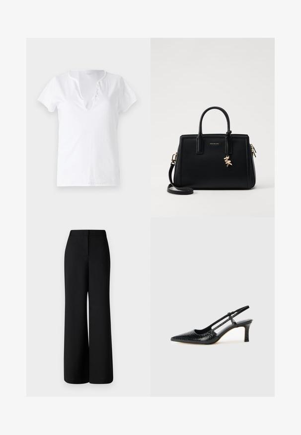 T-shirt bianco in cotone con maniche corte, vestibilità comoda, e scollatura a V con una pettorina decorativa con cinque bottoni.; MAX&Co. BRIVIDO - Pantaloni - schwarz; Slingback con tacco in vernice nera con punta affusolata, caratterizzato da una stampa a serpente testurizzata, cinturino regolabile e un tacco corto e testurizzato.; Borsa a tracolla in pelle nera con design strutturato, manici superiori doppi, tracolla rimovibile, accessori in oro e charm con logo.