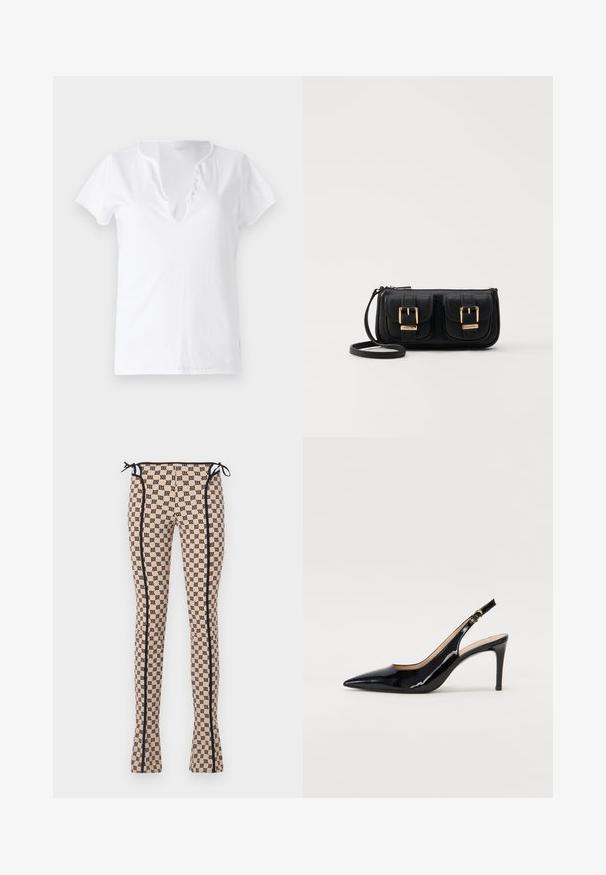 Balta medvilninė marškinėliai trumpomis rankovėmis, laisvai krentančio silueto, su V formos iškirpte, kuri turi penkis dekoratyvinius mygtukus.; Raštuotos legging'os šviesiai persikinio atspalvio su juodu logotipo spaudiniu, turinčios juodas šonines siūles ir raištelius juosmens srityje. Platėjanti forma.; Juodas lakinės odos slingback batelis su smailiu nosiu, plonu kulnu ir subtiliu išpjovos dizainu. Yra auksinė sagtis ant dirželio.; Juodas odinis per petį nešiojamas krepšys su dviem priekiniais kišenėmis, auksiniais sagtimis, užtrauktuko uždarymu ir siauromis petnešomis. Textūruota paviršius ir kompaktiškas stačiakampis formatas.