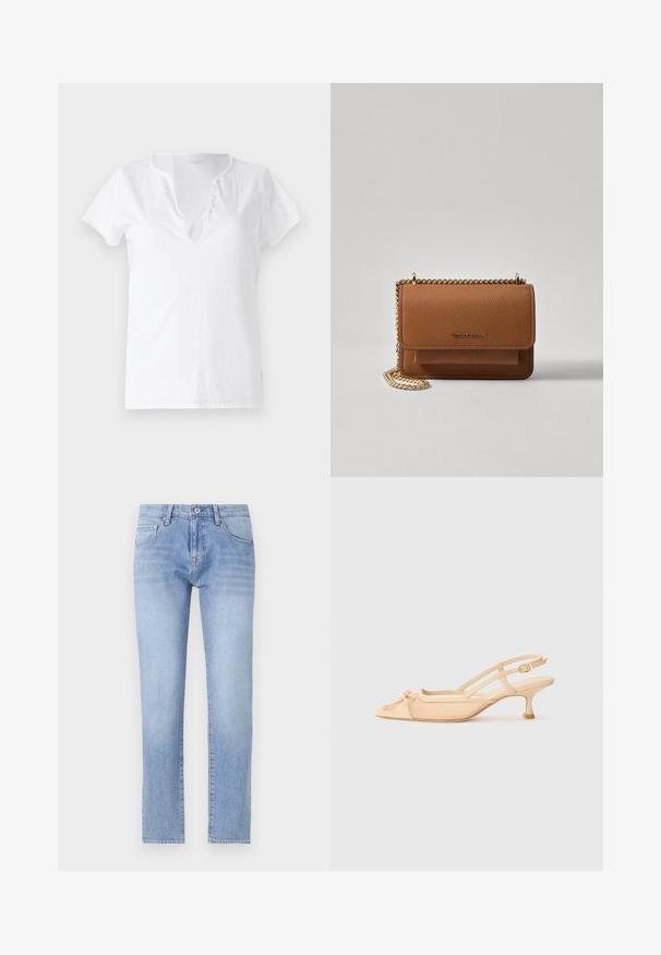 T-shirt branco de algodão com mangas curtas, um corte descontraído e um decote em V com uma tira com cinco botões decorativos.; Blue jeans de ganga claros com um corte reto, design de cinco bolsos e lavagem clara. Apresenta um fecho de botão e passantes de cinto standard.; Stuart Weitzman KITTY - Saltos clássicos - beige/barely beige; Bolsa crossbody de couro texturizado castanho com alça de corrente dourada e fecho com aba. A parte da frente apresenta detalhe do logótipo e um bolso sob a aba.