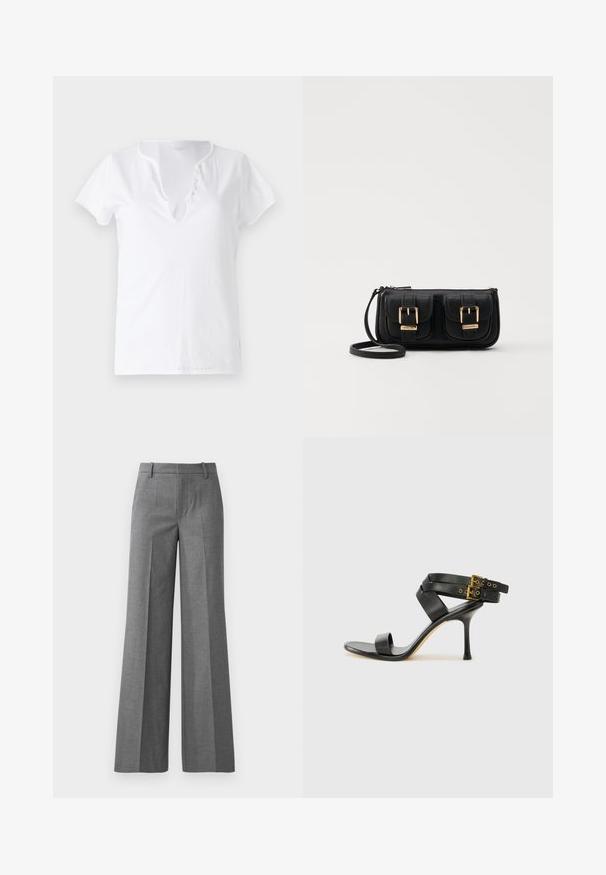 T-shirt bianco in cotone con maniche corte, vestibilità comoda, e scollatura a V con una pettorina decorativa con cinque bottoni.; Pantaloni wide-leg grigi in un tessuto texturizzato. Presentano pieghe frontali, una vita aderente e una finitura lucida, ideali per ambienti formali.; Sandal nero con tacco a spillo, straps incrociati e fibbia regolabile. Presenta una texture liscia e un tacco affusolato.; Borsa a tracolla nera in pelle con due tasche frontali, fibbie dorate, chiusura con zip e una tracolla sottile. Superficie texturizzata e forma rettangolare compatta.