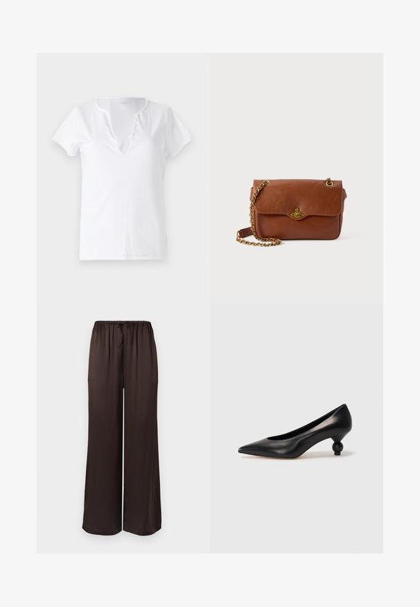 White cotton t-shirt with short sleeves, a relaxed fit, and a V-neckline featuring a placket with five decorative buttons.; Black, wide-leg trousers made from smooth fabric with an elastic waistband and drawstring. Features a loose, flowing design.; Black leather high heel shoe with a pointed toe and a round, balled heel. Smooth texture with a sleek, minimal design.; Brown leather crossbody bag with a flap closure, gold hardware, and a chain strap. Smooth texture, rectangular shape, minimal detailing.