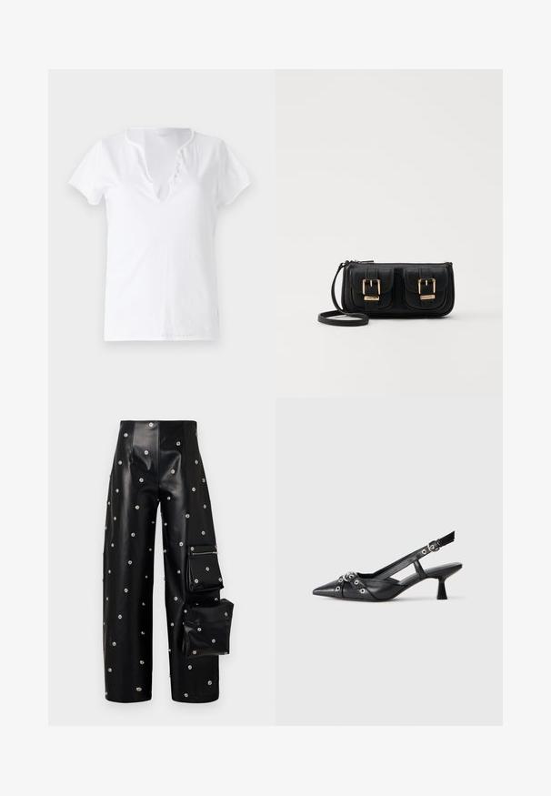White cotton t-shirt with short sleeves, a relaxed fit, and a V-neckline featuring a placket with five decorative buttons.; A.W.A.K.E. MODE COVERED TROUSER WITH SNAP ON POCKETS - Trousers - black; Black leather slingback shoe with a pointed toe, decorative straps featuring metal eyelets, and a low block heel. Textured surface.; Black leather crossbody bag with two front pockets, gold buckles, zipper closure, and a slim strap. Textured surface and compact rectangular shape.