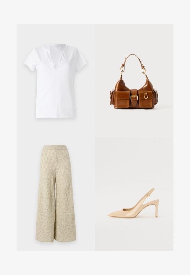 T-shirt en coton blanc à manches courtes, coupe décontractée et décolleté en V, avec un plastron orné de cinq boutons décoratifs.; Pantalons à jambes larges en beige clair, tissu tricoté avec un motif en vagues. Dotés d'une taille élastique pour le confort et d'une coupe ample.; Escarpin slingback en cuir verni nude avec un bout pointu, un décolleté ouvert et un talon aiguille fin. Comprend un accent doré circulaire sur la sangle.; Sac à main en cuir marron avec une forme courbée, deux ferrures en or, deux poches avant et une large bandoulière. Texture lisse avec une finition élégante.