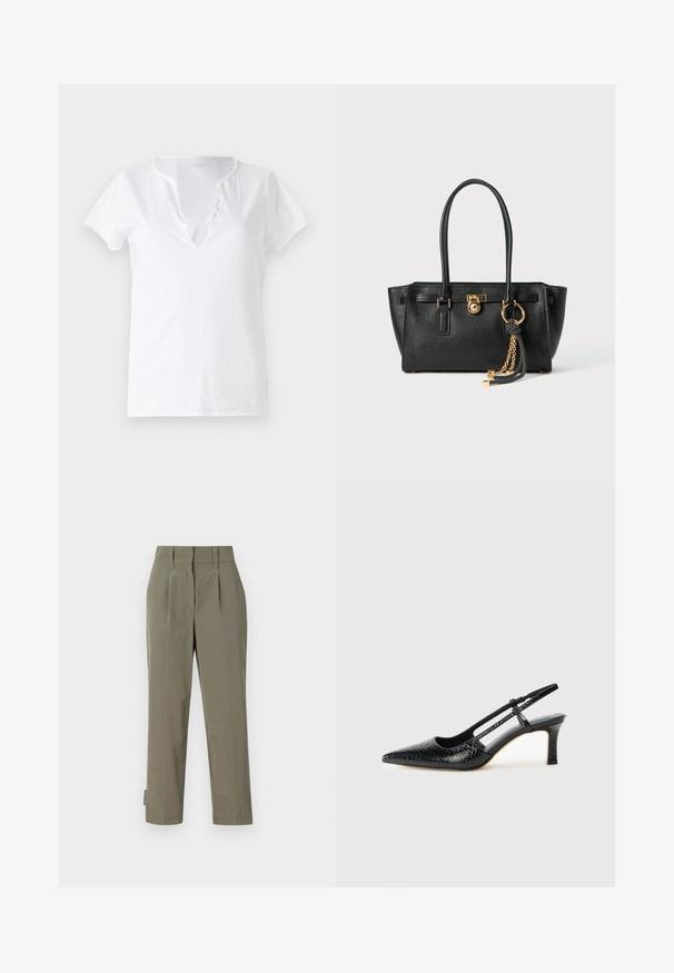 Balta kokvilnas T-kreklis ar īsām piedurknēm, brīvpiekļuve, un V-veida kakla izgriezums ar piecām dekoratīvām pogām.; Kaki bikses izgatavotas no viegla auduma, ar augstu jostasvietu, krokām un taisnām kājām. Minimalistisks dizains bez redzamiem detaļām.; Melna patent āda ar slīdošo papēdi un smailo purngalu, ar teksturētu čūsku drukājumu, regulējamu siksniņu un īsu teksturētu blokpapēdi.; Melnas ādas rokassomu ar divām rokturiem, zelta slēdzi un ķēdes detaļu, kā arī melnbaltu pušķa aksesuāru uz balta fona.