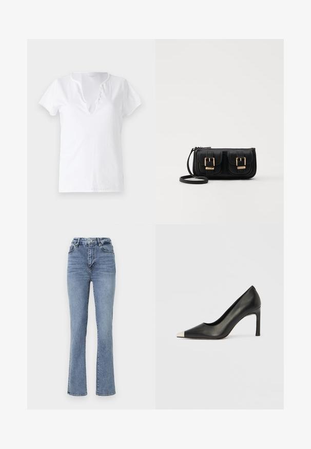 Hvit bomulls T-skjorte med kort erm, avslappet passform og V-hals med en stolpe med fem dekorative knapper.; Høytlivede blå denimjeans med rett ben-design, som har en klassisk fem-lommers stil og subtile søm-detaljer.; Svart lærsko med høye hæler, spiss tå og metallisk sølvhette. Har en glatt finish og en slank hæl på 10 cm.; Svart skinn crossbody veske med to frontlommer, gyldne spenner, glidelåslukking og en slank stropp. Teksturert overflate og kompakt rektangulær form.