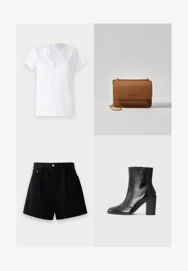 Biele bavlnené tričko s krátkymi rukávmi, vo voľnom strihu a s výstrihom do V, ktorý má záhyb s piatimi dekoračnými gombíkmi.; Čierne džínsy s rovný strih, so zapínaním na gombík, dvoma prednými vreckami a mäkkou, textúrovanou tkaninou.; Čierna kožená kotníková obuv s hladkým povrchom, špicatou špičkou a masívnym vysokým podpätkom. Zdobená bočným otvorom a minimalistickým dizajnom.; Hnedá textúrovaná kožená taška cez telo s zlatým reťazovým popruhom a preklopným uzáverom. Predná strana obsahuje detail s logom a vrecko pod preklopkou.