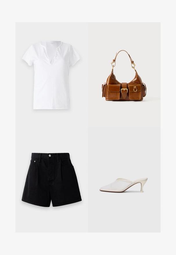 Fehér pamut póló rövid ujjakkal, laza szabással és V-nyakkivágással, öt díszgombbal ellátott gombolással.; Fekete farmer rövidnadrág egyenes szabással, gombos záródással, két elülső zsebbel és puha, texturált anyaggal.; Fehér hálós, hegyes orrú mules cipő, vékony, középmagas sarkával és slip-on kialakításával, egyszerű háttér előtt.; Barna bőrtáska ívelt formával, dupla aranyszínű fémhardverrel, két elülső zsebbel és széles pánttal. Simán textúra elegáns kivitelben.