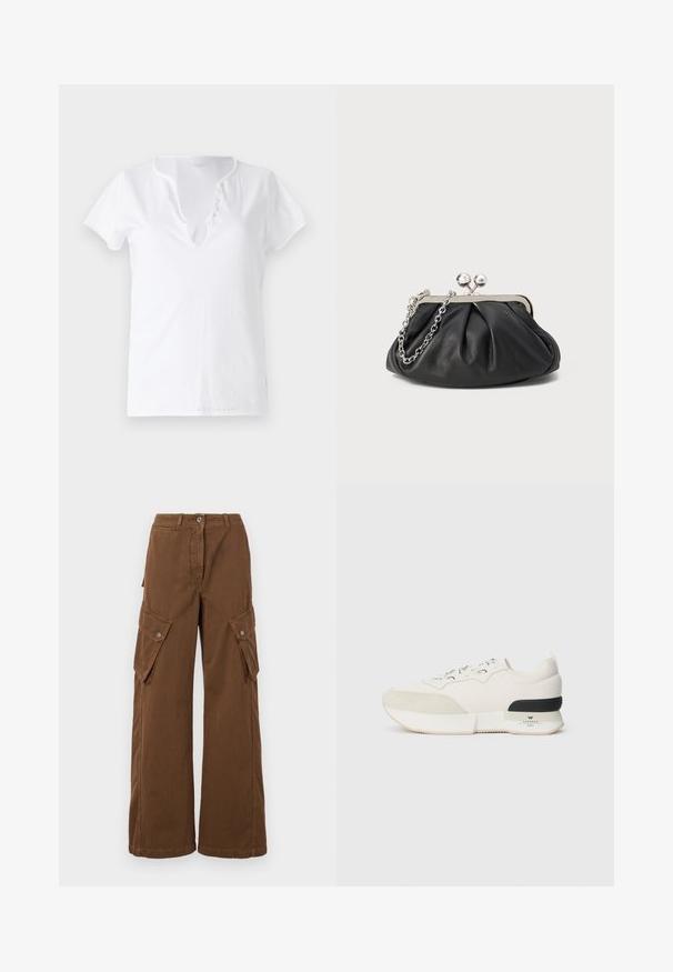 T-shirt en coton blanc à manches courtes, coupe décontractée et décolleté en V, avec un plastron orné de cinq boutons décoratifs.; WEEKEND MaxMara LUCY HALE ELVY - Pantalon cargo - marrone; Baskets blanches avec un capuchon en suède texturé, un upper en mesh lisse, des lacets décoratifs, et un accent de talon en caoutchouc noir.; Porte-monnaie en cuir noir avec texture froncée, cadre en métal argenté, fermeture à verrouillage kiss-lock et bandoulière en chaîne. Surface lisse et douce.