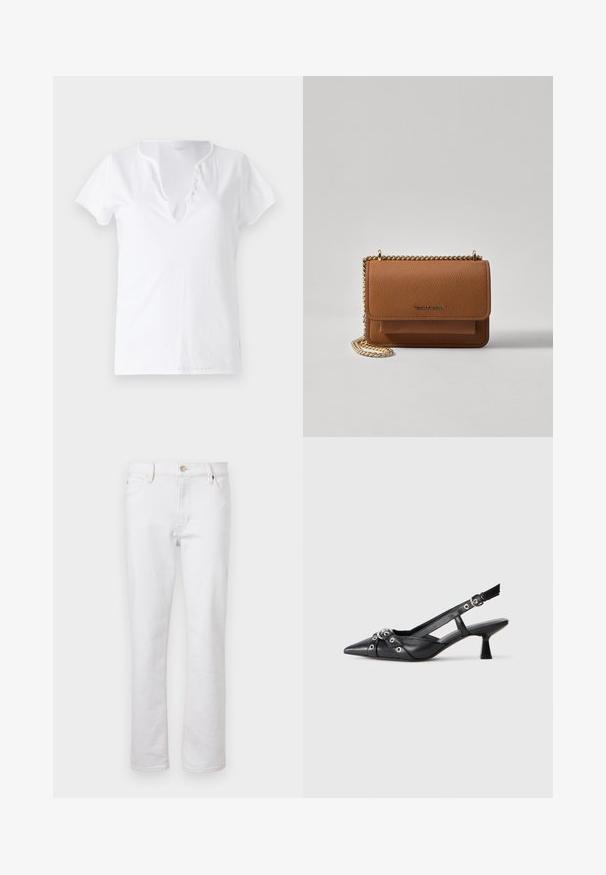 Witte katoenen t-shirt met korte mouwen, een losse pasvorm en een V-halslijn met een patte met vijf decoratieve knopen.; Witte spijkerbroek met een rechte pijp, vijf-pocketontwerp, lichte stiksels en zilveren knoopsluiting. Gladde textuur en minimale details.; Zwarte leren slingback schoen met een puntige neus, decoratieve banden met metalen oogjes en een lage blokhak. Textuur oppervlak.; Bruine lederen schoudertas met textuur, voorzien van een gouden kettingstrap en klepsluiting. De voorkant heeft een logo-detail en een zak onder de klep.