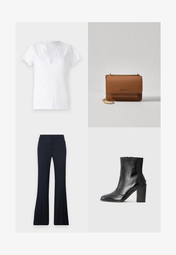White cotton t-shirt with short sleeves, a relaxed fit, and a V-neckline featuring a placket with five decorative buttons.; Flared black trousers made of lightweight fabric, featuring a mid-rise waist, two front pockets, and smooth texture without patterns.; Black leather ankle boot with a smooth texture, pointed toe, and a chunky high heel. Features a side opening and minimalistic design.; Brown textured leather crossbody bag with gold chain strap and flap closure. Front features logo detail and a pocket under the flap.