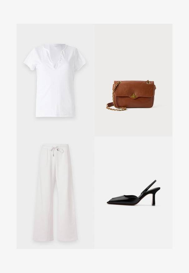 Biele bavlnené tričko s krátkymi rukávmi, vo voľnom strihu a s výstrihom do V, ktorý má záhyb s piatimi dekoračnými gombíkmi.; Svetloružové, široké teplákové nohavice s pásom na šnúrku, vyrobené z mäkkého materiálu; majú hladkú textúru a žiadne viditeľné vzory alebo potlače.; Čierne kožené sandále na podpätku s špicatou špičkou, minimalistický dizajn, tenký remienok okolo členka a elegantný stiletto podpätok. Hladká textúra.; Hnedá kožená crossbody taška so skladacím uzáverom, zlatými kovovými detailmi a reťazovou rukoväťou. Hladký povrch, obdĺžnikový tvar, minimálne detaily.