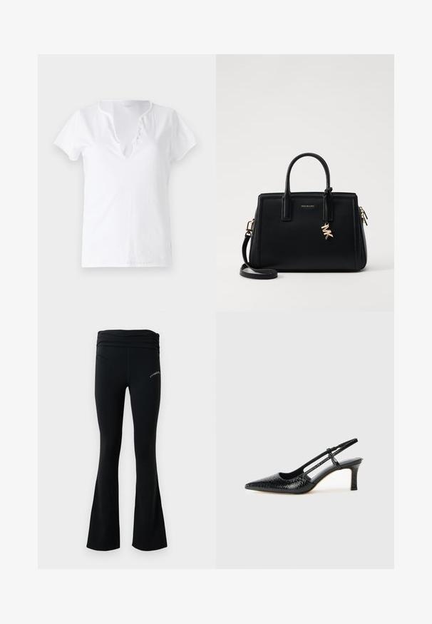 White cotton t-shirt with short sleeves, a relaxed fit, and a V-neckline featuring a placket with five decorative buttons.; Black flared yoga pants with a ruched waistband and small white logo on upper thigh, displayed against a plain white background.; Black patent slingback heel with a pointed toe, featuring textured snake print, adjustable strap, and a short, textured block heel.; Black leather handbag with structured design, dual top handles, detachable shoulder strap, gold hardware, and a logo charm accent.