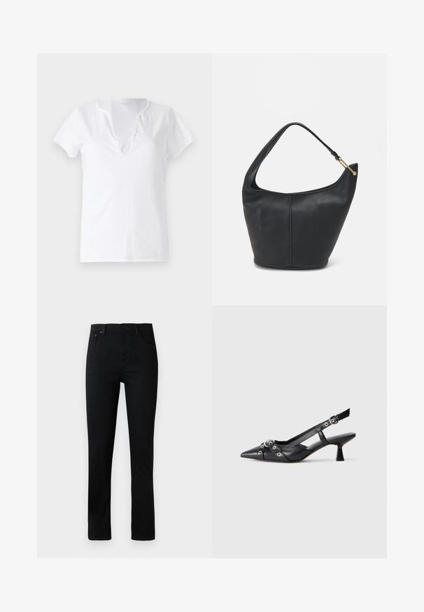 T-shirt branco de algodão com mangas curtas, um corte descontraído e um decote em V com uma tira com cinco botões decorativos.; Jeans de denim preto com corte reto, apresentando um fecho com botão, cinco bolsos e detalhes de costura subtil. Textura suave, design clássico.; Sapato slingback em couro preto com biqueira fina, tiras decorativas com ilhós de metal e um pequeno salto quadrado. Superfície texturizada.; Bolsa de mão em pele preta com uma forma arredondada, uma alça larga e um acabamento texturizado. Apresenta um discreto detalhe de costura e um acabamento em metal dourado.