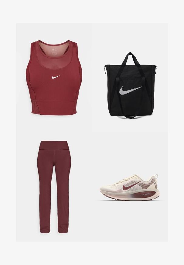 Borgoņijas sporta krūšturis, kas izgatavots no elastīgas, mitrumu izvadījošas auduma. Iezīmēts ar acs paneļa detaļu pie kakla un baltu Nike logotipu centrā.; Burgundijas legingi ar plašu, salocītu jostu, sašaurinātām kājām un gludu, elastīgu audumu, kas piemērots sporta apģērbam.; Nike Performance VOMERO 18 - Apavi skriešanai pa asfaltu - pale ivory/dark team red/red sepia/silt red/phantom; Melna neilona koferis ar divām izturīgām rokturiem un ar rāvējslēdzēju. Tam ir izteikts balts Nike swoosh logotips horizontāli svītrainā dizainā.