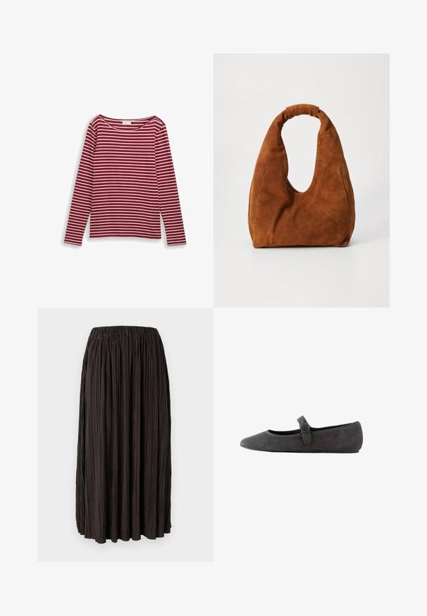 Punane ja valge triibuline pikkade varrukatega pluus, millel on lai kaelus ja sirge lõige. Pehme materjal, millel on ühtlased horisontaalsed triibud.; Kollane must plisseeritud seelik elastse vöökohtaga, valmistatud kergest kangast. Omab vertikaalseid voldikesi üle kogu pinna, lisak характеристики puuduvad.; Hallhalli hallhalli jooksujalatsid, millel on ümar varvas, pahkluu rihm, millel on konks, ja tekstuuriga pind. Mugavuse tagamiseks lame tald.; Pruunist sametist hobo-kott pehmea, ümar kuju, millel on suur kõver käepide ja kaks diskreetset külgõmblust. Tekstuuritud pind, nähtavat riistvara pole.