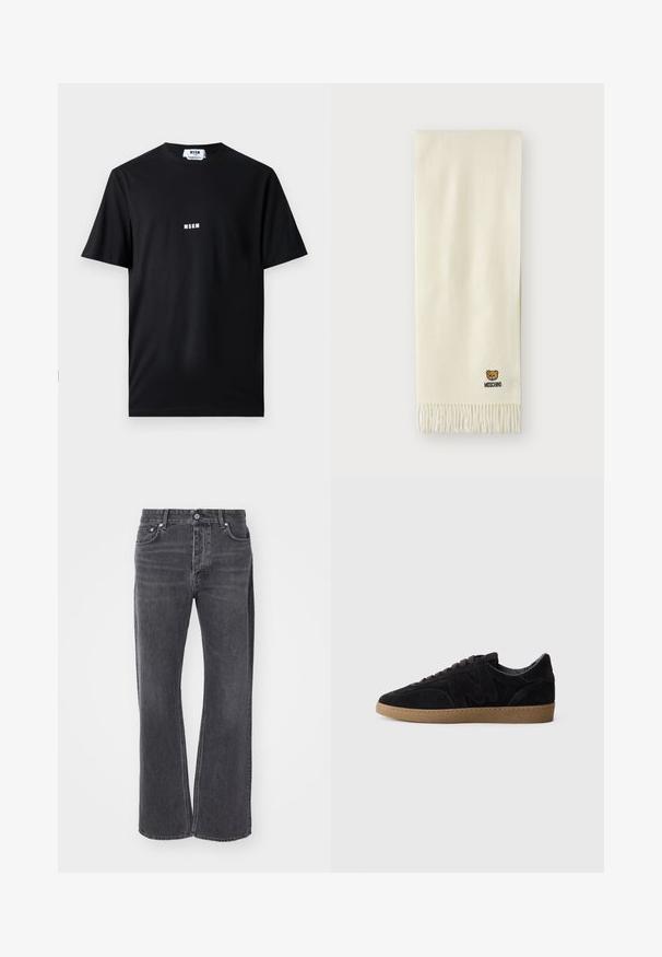 Zwarte katoenen t-shirt met ronde hals en korte mouwen. Voorkant toont het witte "MSGM" logo gecentreerd. Soepele textuur, normale pasvorm.; Zwarte high-waisted jeans met een losse, brede pasvorm. Gemaakt van denim, met subtiele vervaging en voor- en achterzakken.; Zwarte suède sneakers met een gestructureerde afwerking, voorzien van een kenmerkend gebogen logo, grijze veters en een lichtbruine rubberen zool.; Crème-kleurige sjaal van zacht materiaal, met franjes aan de randen en een klein geborduurd berenlogo met de tekst "Moschino".