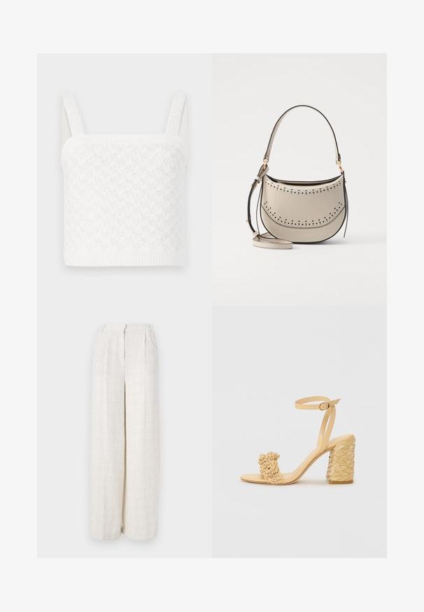 Bela pletena kratka majica s kvadratnim izrezom, ki ima teksturne vzorce in široke rebraste naramnice. Mehak material z diskretnim sijajem.; Široke hlače v svetlo bež tkanini z teksturiranim, tkanim vzorcem. Imajo sprednji pas in brez vidnih zaponk.; Beige sandala na visokom potplatu s pletenom teksturom, s dekorativnim cvijetom i remenom oko gležnja. Kvadratna peta osigurava stabilnost.; Vanessa Bruno MINI DAILY BAG - Torbica - ivoire