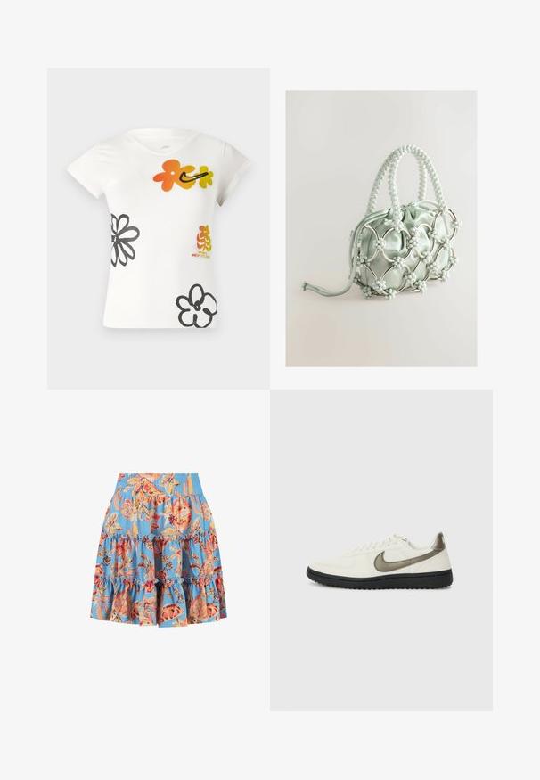Biely tričko s krátkym rukávom so farebnými kvetinovými vzormi v oranžovej, žltej a čiernej farbe. Vyrobené z jemnej zmesi bavlny s výstrihom do V.; Sukňa v modrom odeve s kvetinovým vzorom, s volánmi a elastickým pásom. Farby zahŕňajú oranžovú, žltú a čierne detaily.; Nike Sportswear FIELD GENERAL - Tenisky - off-white/black; Next Kabelka - blue