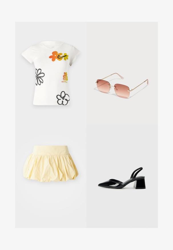 T-shirt branca de mangas curtas com designs florais coloridos em laranja, amarelo e preto. Feita de uma mistura de algodão macio, com decote em V.; Saia de algodão amarela com um design volumoso e pregueado, e uma cintura larga. A textura suave e o tecido leve conferem uma aparência casual.; Sandy em verniz preto com salto slingback, ponta afilada e salto geométrico. Apresenta um design elegante e minimalista com textura suave.; Óculos de sol retangulares com lentes rose em gradiente, armação de metal dourado e hastes rosas. Apresenta pequenas almofadas para o nariz e detalhes discretos nas dobradiças.; Bolsa de couro preta com forma curva, alça destacável e detalhes em dourado. A bolsa possui uma aba com detalhe de fivela.