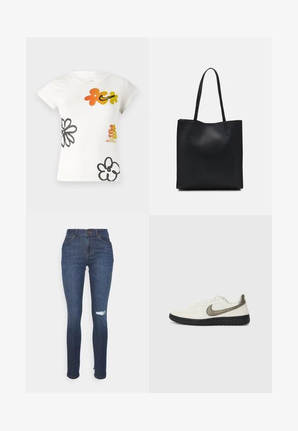 T-shirt branca de mangas curtas com designs florais coloridos em laranja, amarelo e preto. Feita de uma mistura de algodão macio, com decote em V.; Jeans skinny azul escuro, feitos de denim, com cintura alta, detalhe rasgado no joelho direito e design tradicional de cinco bolsos.; Nike Sportswear FIELD GENERAL - Sapatilhas - off-white/black; Bolsa tote preta em couro com textura lisa, forma retangular e duas alças longas. Sem hardware ou enfeites visíveis.