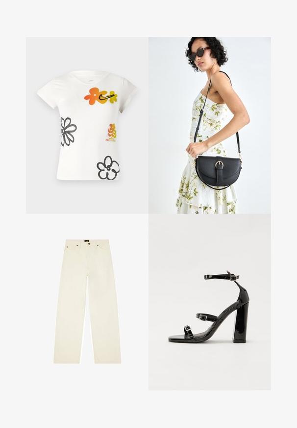 White short-sleeve t-shirt featuring colorful floral designs in orange, yellow, and black. Made of a soft cotton blend with a v-neckline.; Cream-colored wide-leg pants made of denim, featuring a button closure, five pockets, and contrasting stitching details.; Black patent heeled sandals with a square toe, ankle straps, and silver buckles. Features a chunky block heel for stability.; Black leather handbag with a curved shape, detachable strap, and gold hardware. The bag features a flap with a buckle detail.