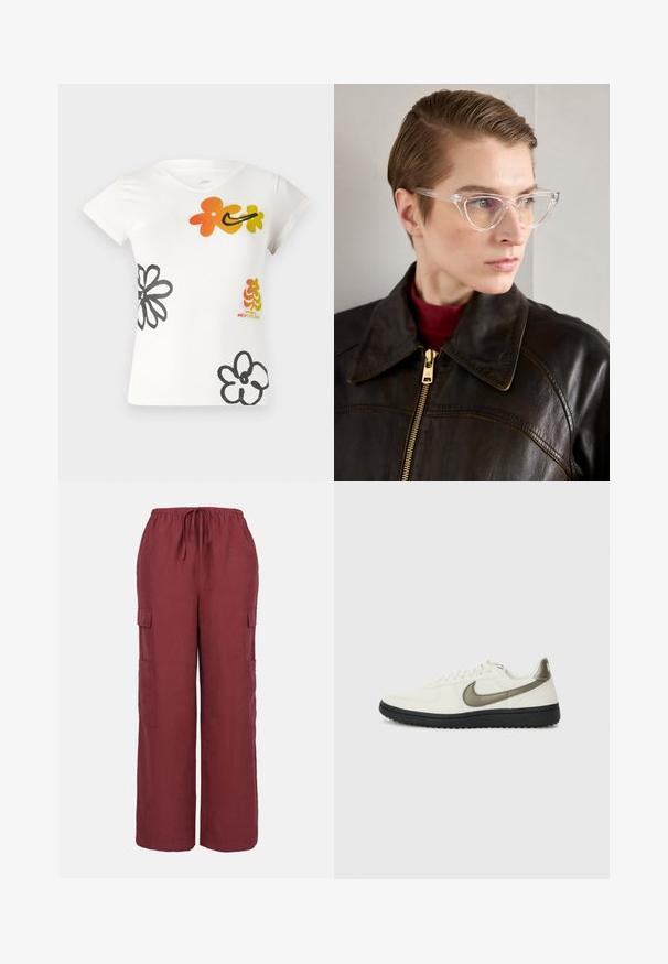 Bílé tričko s krátkým rukávem zdobené barevnými květinovými vzory v oranžové, žluté a černé barvě. Vyrobeno z měkké bavlněné směsi s výstřihem ve tvaru V.; Burgundské cargo kalhoty vyrobené z lehké tkaniny, s nastavitelným pasem, širokými nohavicemi a dvěma bočními cargo kapsami.; Nike Sportswear FIELD GENERAL - Tenisky - off-white/black; Průhledné acetátové brýle ve tvaru kočičích očí se žlutě zbarvenými skly, které nosí osoba v tmavé kožené bundě a červeném roláku. Hladký povrch.