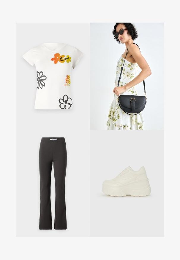 Hvit t-skjorte med korte ermer som har fargerike blomsterdesign i oransje, gult og svart. Laget av en myk bomullsblanding med v-hals.; Sorte flared bukser laget av elastisk stoff med en glatt tekstur. Har en bred midjebånd med logodetalj øverst.; Hvite plattformsnickers med en glatt læraktig overdel, avrundet form, polstret krage og teksturert gummisåle med tydelige dekk.; Svart lærveske med en buet form, avtagbar stropp og gullbeslag. Vesken har et klaff med spenne-detall.