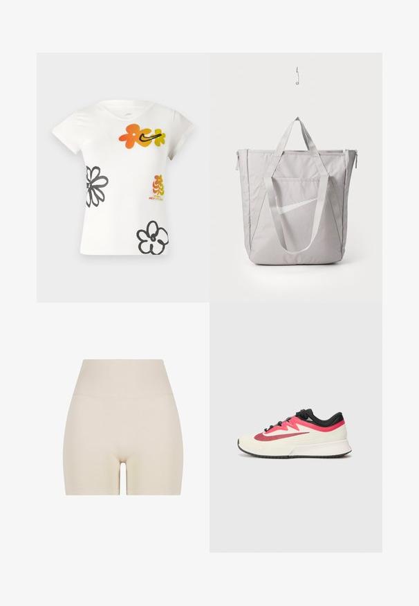 Hvid t-shirt med korte ærmer, der har farverige blomsterdesigns i orange, gul og sort. Fremstillet i en blød bomuldsblanding med v-hals.; Beige shorts med en glat tekstur, høj ribbet talje, og en elastisk pasform, med en længde til midten af låret og ingen synlige mønstre.; Løbesko med en cremefarvet overdel, røde og sorte accenter samt en tekstureret overflade. Har sorte snørebånd og en polstret sål for komfort.; Grå tote taske med forstærkede håndtag, frontlomme med lynlås og et hvidt Nike swoosh-logo. Fremstillet af slidstærkt stof med en glat tekstur.
