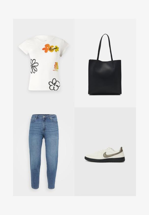 Balta trumpų rankovių marškinėlių su spalvingais gėlėmis oranžinės, geltonos ir juodos spalvų raštais. Pagaminta iš minkštos medvilnės mišinio, su v formos iškirpte.; Šviesiai mėlynos džinsinės kelnės su tiesiu kirpimu, turinčios mygtuką, penkis kišenes ir subtilius horizontalius siuvimo detalių akcentus.; Nike Sportswear FIELD GENERAL - Sportbačiai - off-white/black; Juodas odinis tote krepšys su lygia tekstūra, stačiakampio formos ir dviem ilgais rankenomis. Matomų metalinių detalių ar puošybos nėra.