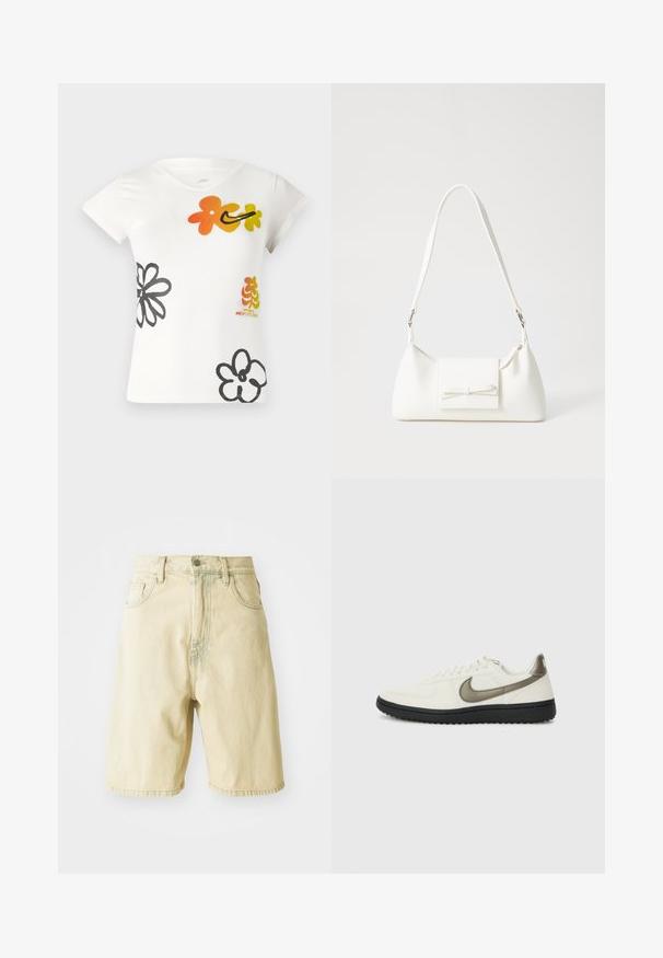 White short-sleeve t-shirt featuring colorful floral designs in orange, yellow, and black. Made of a soft cotton blend with a v-neckline.; Light yellow denim shorts with a high waist, featuring belt loops, a front button closure, and side pockets. Smooth texture and straight cut.; Nike Sportswear FIELD GENERAL - Trainers - off-white/black; White synthetic handbag with a triangular shape, flat front flap and bow detail, adjustable strap, smooth texture, and minimalistic design.