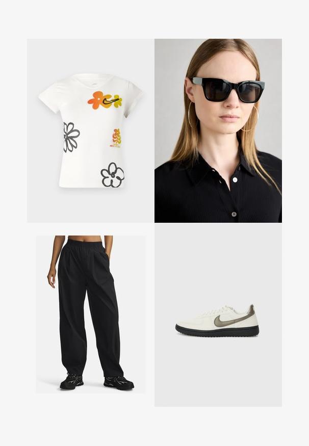 Valge lühikese varrukaga t-särk, millel on värvilised lillemustrid oranži, kollase ja musta värviga. Valmistatud pehmest puuvilla segust ja v-kaelusega.; Mustad, laiad püksid, mis on valmistatud kergest kangast, elastse vöökohaga, küljetaskudega ja siledaga tekstuuriga.; Nike Sportswear FIELD GENERAL - Tossud - off-white/black; Mustad mustad päikeseprillid läikiva viimistlusega, hõbedane aksessuaar templites, kantud mudeli poolt, kellel on pikad sirged juuksed ja must särk.