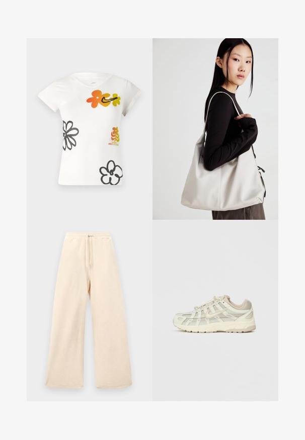 T-shirt branca de mangas curtas com designs florais coloridos em laranja, amarelo e preto. Feita de uma mistura de algodão macio, com decote em V.; Calças largas em bege claro, feitas de um tecido texturizado. Apresentam uma cintura elástica com cordão. Design simples e sem adornos.; Shoe desportivo de tom bege claro com painéis de malha e uma sola almofadada. Apresenta um fecho com atacadores, bico arredondado e detalhes dourados ao lado.; Uma bolsa bege feita de material macio, com um design descontraído, detalhes de costura e duas alças para o ombro. Adequada para uso diário.