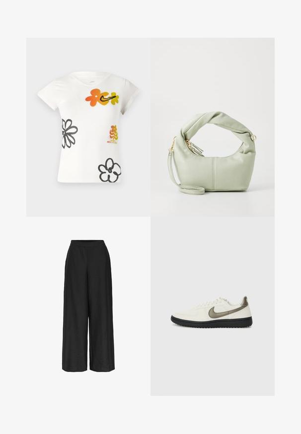 T-shirt blanc à manches courtes avec des motifs floraux colorés en orange, jaune et noir. Fabriqué en un doux mélange de coton avec un décolleté en V.; Pantalons larges en noir uni, fabriqués à partir d'un tissu texturé. Dotés d'une taille élastique et d'une silhouette ample et fluide.; Nike Sportswear FIELD GENERAL - Baskets basses - off-white/black; Sac à main en simili cuir vert avec une anse torsadée, des accessoires en or et une bandoulière amovible. Forme arrondie avec une texture lisse et des détails de couture.