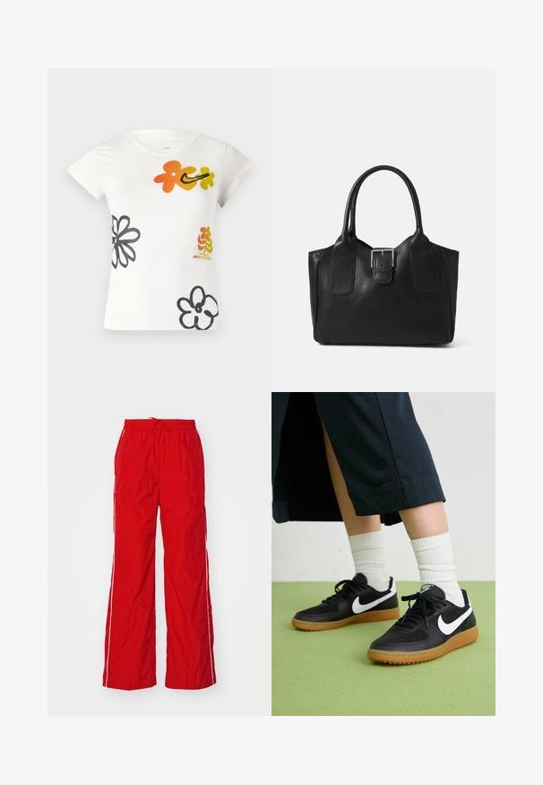 Balta īsām piedurknēm t-kreklā ar krāsainiem ziedu rakstiem oranžā, dzeltenā un melnā krāsā. Izgatavots no maiga kokvilnas maisījuma ar V veida kakla izgriezumu.; Sarkanie neilona bikses ar platu kāju dizainu, elastīgu jostasvietu ar auklu un baltām sānu svītrām. Gluda virsma ar vieglu izskatu.; Melna āda un sintētiska materiāla sporta apavi ar baltu Nike logo, gumijas zole, apaļa purngala forma un melni šņores. Redzamas ribotas baltas zeķes.; Melnas ādas somiņa ar gludu tekstūru, strukturētu formu, divām rokturām un izteiktu sudraba sprādzi priekšpusē.; Sudraba divu joslu gredzens ar gludu, pulētu virsmu. Iezīmējas ar plūstošu, izliekta dizaina struktūru ar pārklājošām sekcijām modernam izskatam.