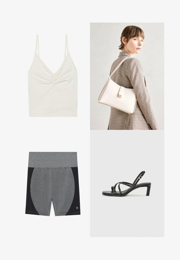 Top alb, fără mâneci, dintr-un material moale și elastic, cu decolteu în V și detalii pliate în centru. Bretele subțiri și textură netedă.; Pantaloni scurți atletici gri, cu un banda elastică lată la talie. Prezintă un panou lateral texturat de culoare neagră și un logo în partea dreaptă jos. Material neted.; Sandal cu barete negre, cu vârf pătrat și toc mic de bloc. Prezintă mai multe barete subțiri și o bareta ajustabilă la gleznă. Fabricat din piele netedă.; Geantă de mână din piele albă cu un design structurat, având o închidere magnetică și un breteau, expusă pe un fundal neutru.