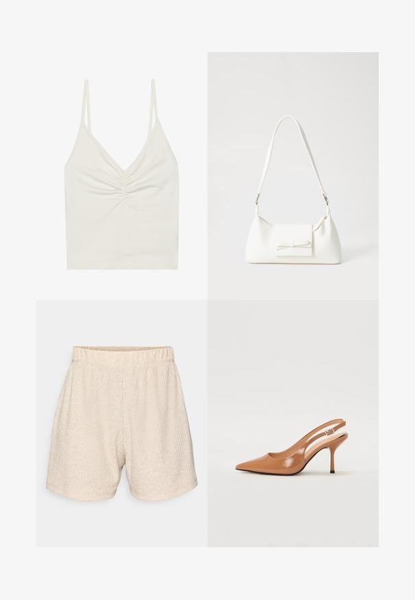 Top alb, fără mâneci, dintr-un material moale și elastic, cu decolteu în V și detalii pliate în centru. Bretele subțiri și textură netedă.; Sorturi bej, texturate, cu talie elastică. Prezentă dungi verticale subtile și un design relaxat, cu croială dreaptă. Fără buzunare.; Pantofii cu toc slingback, cu vârful ascuțit, dintr-un material tan neted și strălucitor. Prezintă un design cu decupaj curbat și un toc subțire stil stiletto. Detaliu cu cataramă argintie.; Geantă sintetică albă, cu formă triangulară, capac frontal plat și detaliu cu fundă, curea ajustabilă, textură netedă și design minimalist.