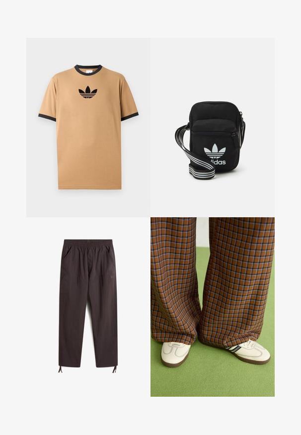 Camiseta de algodón beige con un cuello y puños de canalé negros. Presenta un logo negro de Adidas con tres rayas debajo del logo en el pecho.; Pantalones de cintura elástica de color marrón oscuro, ligeros, con dos bolsillos laterales, piernas ajustadas y cordones ajustables en los puños.; Pantalones de pata de elefante de cuadros marrones y azules combinados con zapatos blancos con detalles en negro y suelas texturizadas, sobre un fondo verde.; Bolso cruzado de tela negra con cierre de cremallera, que presenta un logo blanco de Adidas y una correa ajustable a rayas para un fácil transporte.