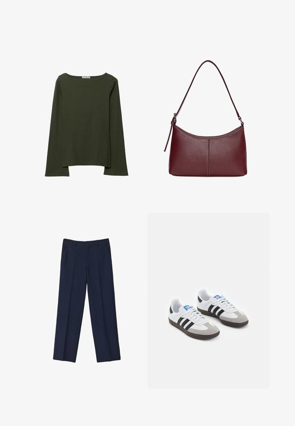 Långärmad topp i mörkgrön, gjord av mjukt tyg, med en bred rundad halsringning och en något lös passform med sidofickor i nederkanten.; Marinblå skräddarsydda byxor med rak ben, som har framvik och sidofickor. Tyget verkar slätt och strukturerat.; Sportskor med överdel i vit läder, grå mocka på tårna och tre svarta ränder. Har en blå logotyp på tungan och en texturerad gummisula.; Vinröd läderhandväska med en böjd form, en enkel axelrem och sömnadsdetaljer i mitten. Slät textur, minimal hårdvara.