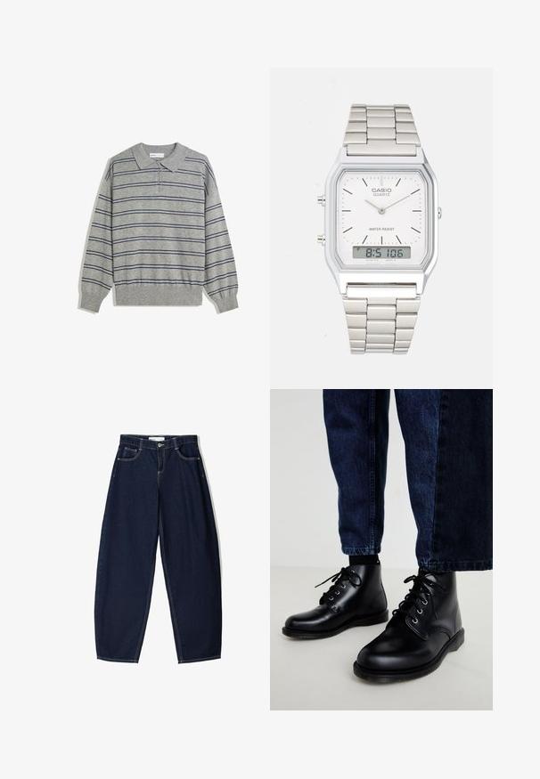 Pullover grigio a maniche lunghe con colletto, caratterizzato da linee orizzontali blu navy e una chiusura a bottoni al colletto. Texture morbida.; Pantaloni in denim blu scuro con vestibilità ampia, dotati di cinque tasche, cuciture a contrasto e chiusura con zip davanti.; Stivali alla caviglia in pelle nera con punte arrotondate, design con lacci e occhielli in metallo. Indossati con pantaloni in denim blu scuro, che presentano una forma a gamba dritta.; Orologio in acciaio inossidabile argentato con cassa quadrata, quadrante bianco, display analogico e digitale, e bracciale a maglie metalliche. Design impermeabile.